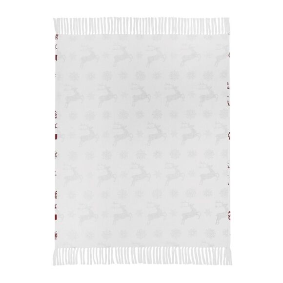 Christmas Farmhouse Reindeer Woven Cotton Fringed Throw Blanket Holiday Red Snow - Picture 4 of 5
